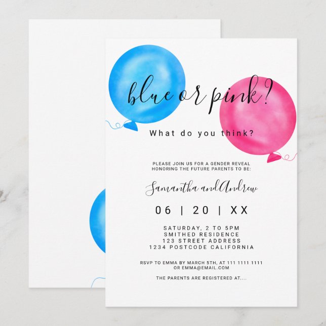 Geschlecht decken rosa Blauballontypographie auf Einladung (Vorne/Hinten)