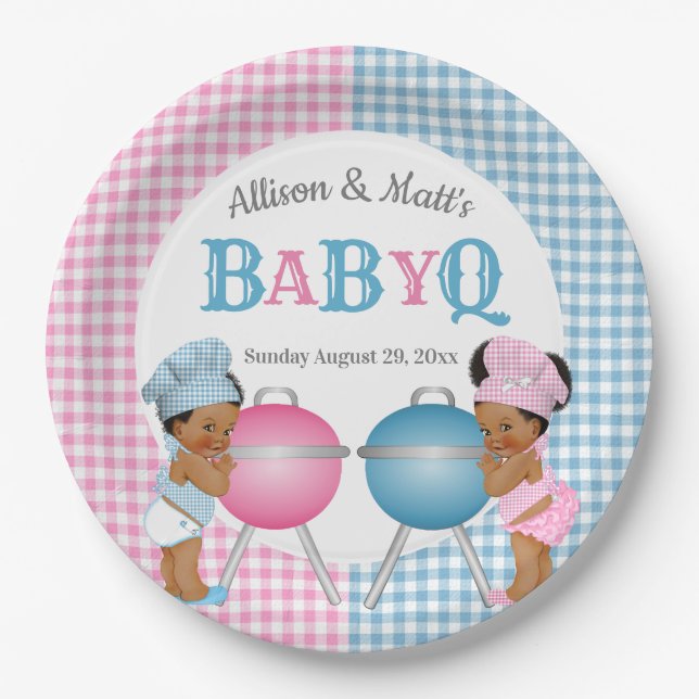 Geschlecht decken rosa blaue Gingham-Baby Q Pappteller (Vorderseite)