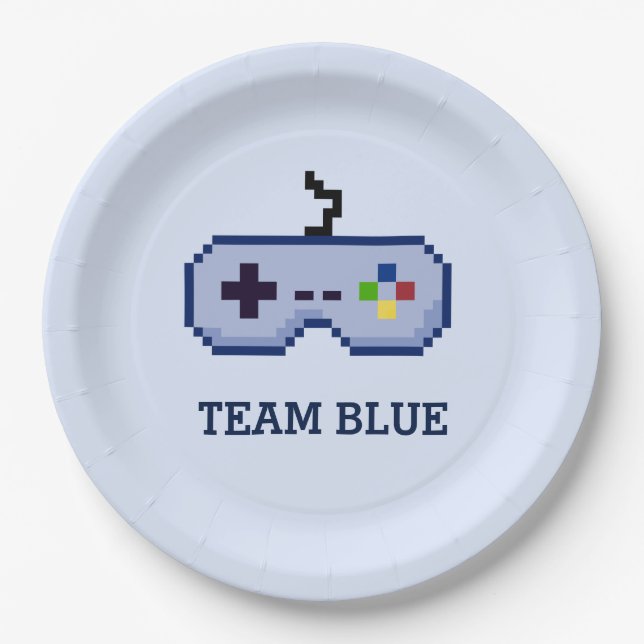 Geschlecht des Gamer-8bit decken Team-Blau auf Pappteller (Vorderseite)