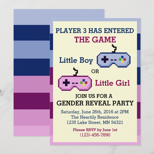 Geschlecht des Gamer-Spieler-3 decken Babyparty Einladung (Vorne/Hinten)