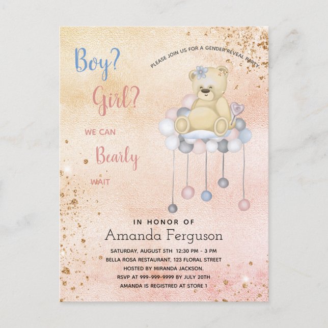 Geschlecht enthüllt Baby Dusche Teddy Bärenjunge M Einladungspostkarte (Vorderseite)