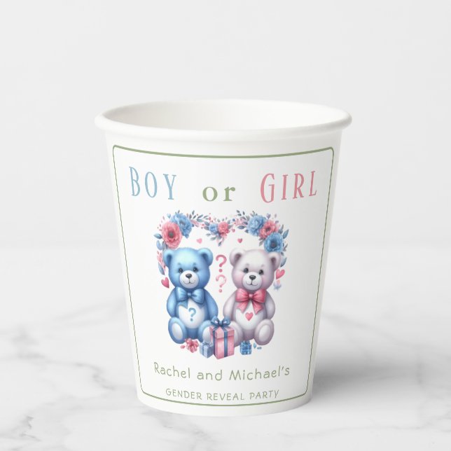 Geschlecht enthüllt Babydusche Teddy Bear Blue Pin Pappbecher (Vorderseite)
