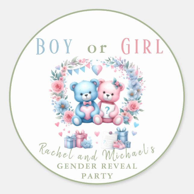 Geschlecht enthüllt Babydusche Teddy Bear Blue Pin Runder Aufkleber (Vorderseite)