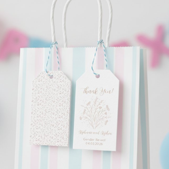 Geschlecht Enthüllung Danke-Anhänger - Boho-Blumen Geschenkanhänger (Gender reveal party favor tags)
