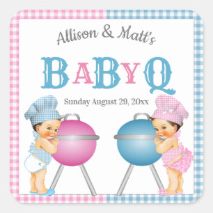 Geschlecht Enthüllung Rosa Blau Gingham BabyQ BBQ Quadratischer Aufkleber