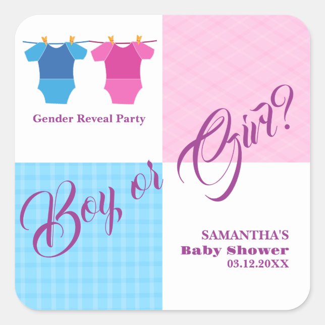 Geschlecht offenbaren Baby-Duschjunge oder Mädchen Quadratischer Aufkleber (Vorderseite)