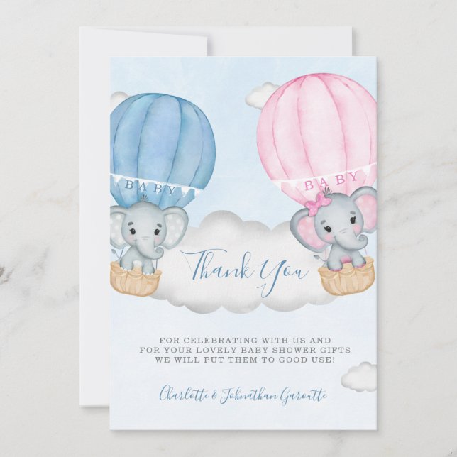 Geschlecht offenbaren Elephant Balloon Baby Shower Dankeskarte (Vorderseite)