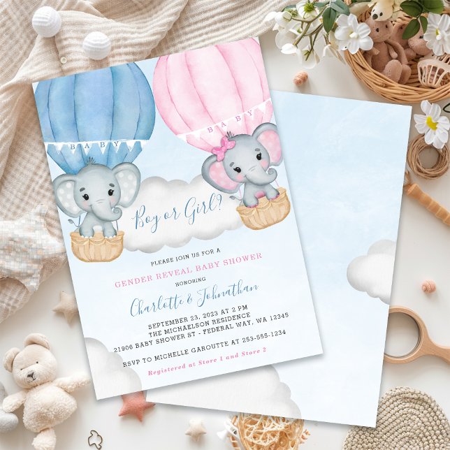 Geschlecht offenbaren Elephant Balloon Baby Shower Einladung (Gender Reveal Elephant Balloon Baby Shower Invitation)