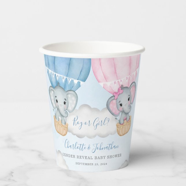 Geschlecht offenbaren Elephant Balloon Baby Shower Pappbecher (Vorderseite)