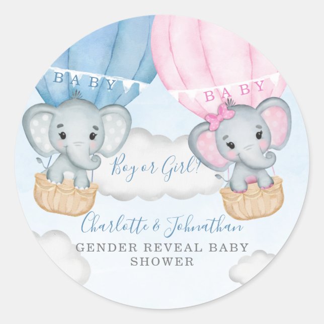 Geschlecht offenbaren Elephant Balloon Baby Shower Runder Aufkleber (Vorderseite)