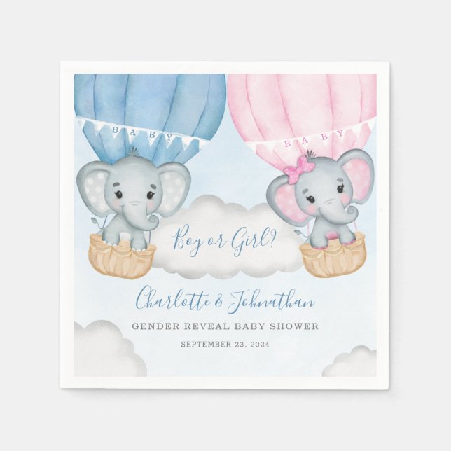 Geschlecht offenbaren Elephant Balloon Baby Shower Serviette (Vorderseite)