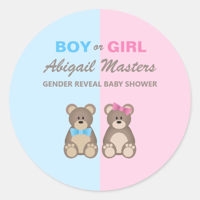 Geschlecht offenbart Baby Shower Teddy Bears Runder Aufkleber (Vorderseite)