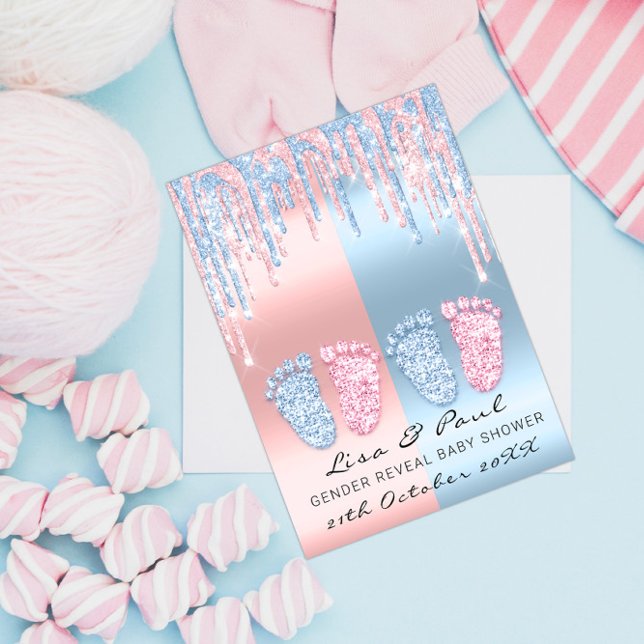 Geschlecht offenbart Füße Glitzer Pink Blue Baby T Einladung (Gender Reveal Feet Glitter Pink Blue Baby Twnins Invitation)