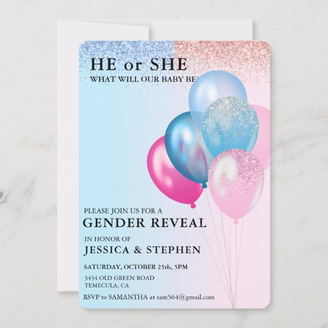 Geschlecht offenbart Pink Blue Balloons Glitzer Einladung (Vorderseite)