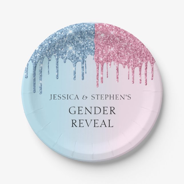 Geschlecht offenbart Pink Blue Glitzer Look Tropfe Pappteller (Vorderseite)