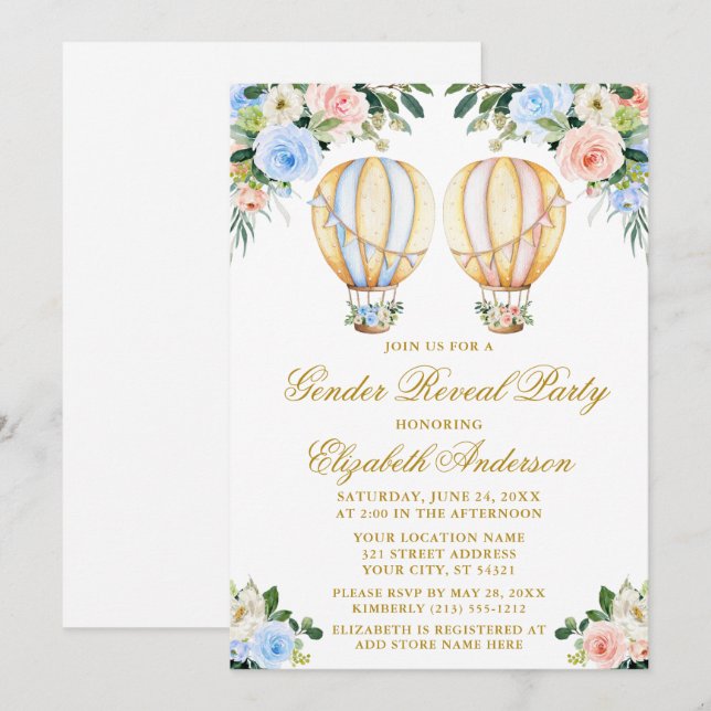Geschlecht offenbart rosa blaue bläuliche Heißluft Einladung (Vorne/Hinten)