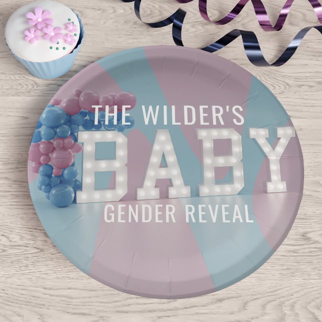 Geschlecht: Pink Blue Baby Shower Paper Teller (Pink and blue gender reveal paper plates just for you. Add your family name)