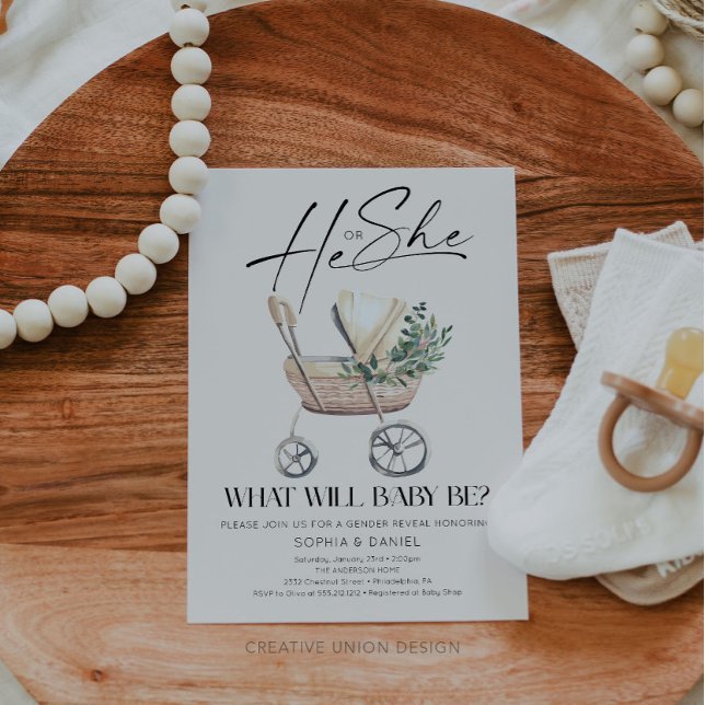 Geschlecht Reveal Boho Baby Stroller Baby Shower Einladung (Von Creator hochgeladen)