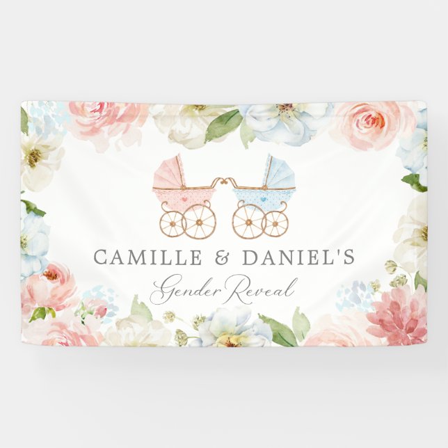 Geschlecht zeigt Baby-Dusche blau und rosa Blütens Banner (Horizontal)