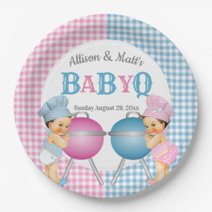 Geschlechterenthüllung Rosa Blau Gingham Baby Q BB Pappteller
