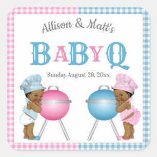 Geschlechterenthüllung Rosa Blau Gingham BabyQ BBQ Quadratischer Aufkleber