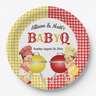 Geschlechterenthüllung Rot Gelb Gingham Baby Q BBQ Pappteller