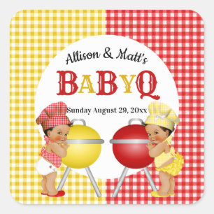 Geschlechterenthüllung Rot Gelb Gingham Baby Q BBQ Quadratischer Aufkleber