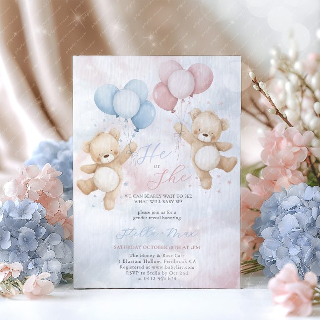 Geschlechtsenthüllung Er oder Sie Bär Ballon Einla Einladung (He or She? We can bearly wait to see what will baby be?
Gender reveal in pink and blue )