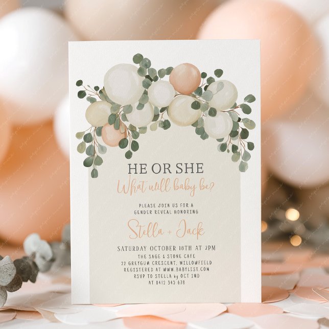 Geschlechtsenthüllung Er oder Sie Grünzeug Ballons Einladung (He or She Gender Reveal Invitation | Sage green arch balloon garland invitation)