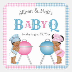 Geschlechtsenthüllung Rosa Blau Gingham BabyQ BBQ Quadratischer Aufkleber
