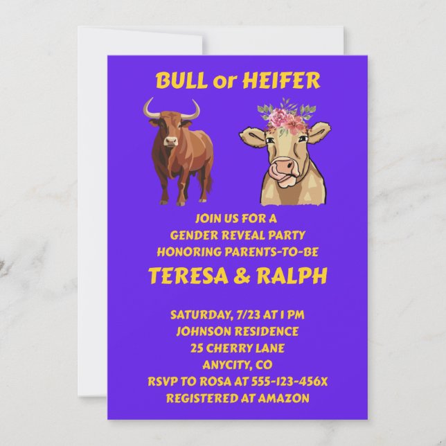 Geschlechtsenthüllungseinladung für Stier oder Fär (Vorderseite)