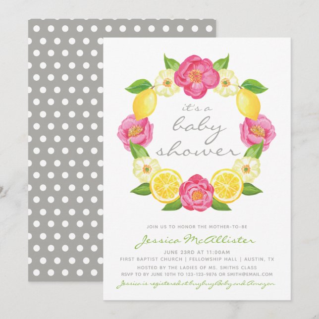 Geschlechtsneutrale moderne graue Citrus Rose Baby Einladung (Vorne/Hinten)