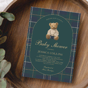 Geschlechtsneutrales Blau Grün Teddybär Babyparty Einladung
