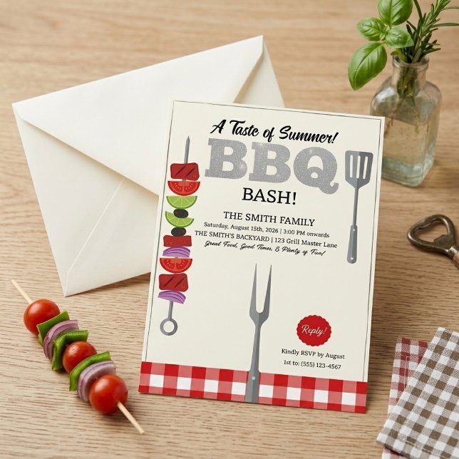 Geschmack des Sommer-BBQ-Bash-Rot-Gingham-Karo Einladung (Von Creator hochgeladen)