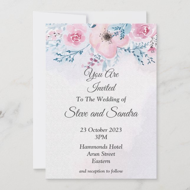 Geschmackvolle Hochzeitseinladung, rosa Aquarell Einladung (Vorderseite)