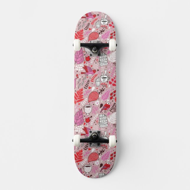 Geschmackvolles Muster mit Vögeln und Blumen Skateboard (Vorderseite)