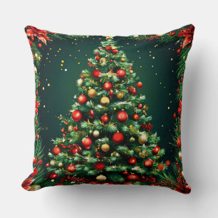 Geschmückter Weihnachtsbaum in einer Winterszene Kissen