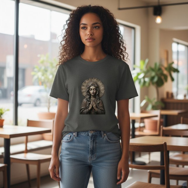 Geschnitzte Hingabe Holz-Maria T-Shirt (Von Creator hochgeladen)
