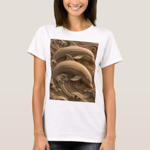 Geschnitzte hölzerne Delfine Ozeanwellen Grafik T-Shirt