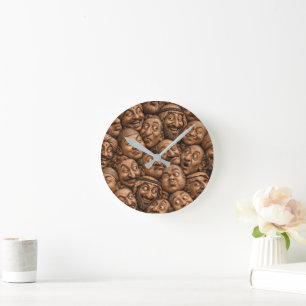 Geschnitzte Holzgesichter Vintage Boho Muster Runde Wanduhr