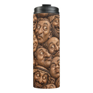 Geschnitzte Holzgesichter Vintage Boho Muster Thermosbecher