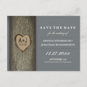 Geschnitzte Initialen-Herz-Eichen-Baum-Save the Ankündigungspostkarte