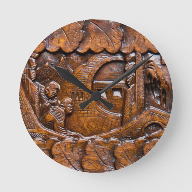 Geschnitzter hölzerner orientalischer Blick Runde Wanduhr (Vorderseite)