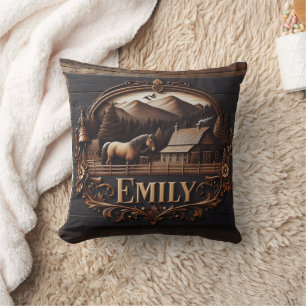 Geschnitztes Holzzeichen von Emily auf dem Landsit Kissen