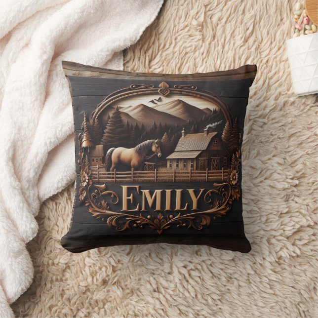 Geschnitztes Holzzeichen von Emily auf dem Landsit Kissen (Decke)