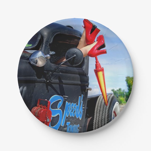 Geschwindigkeiten, die Ratten-Rod-LKW-Rockabilly Pappteller (Vorderseite)