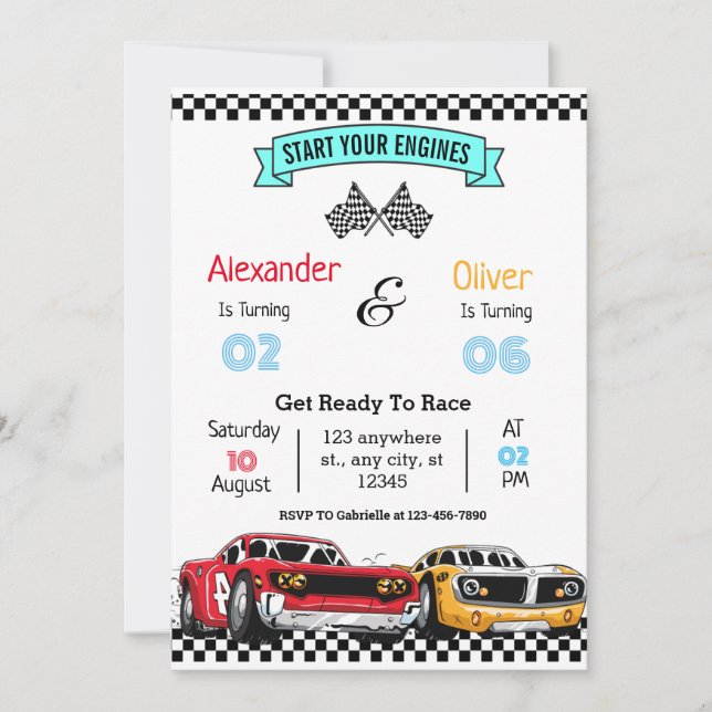 Geschwister Retro Racing Car Geburtstag Einladung (Vorderseite)