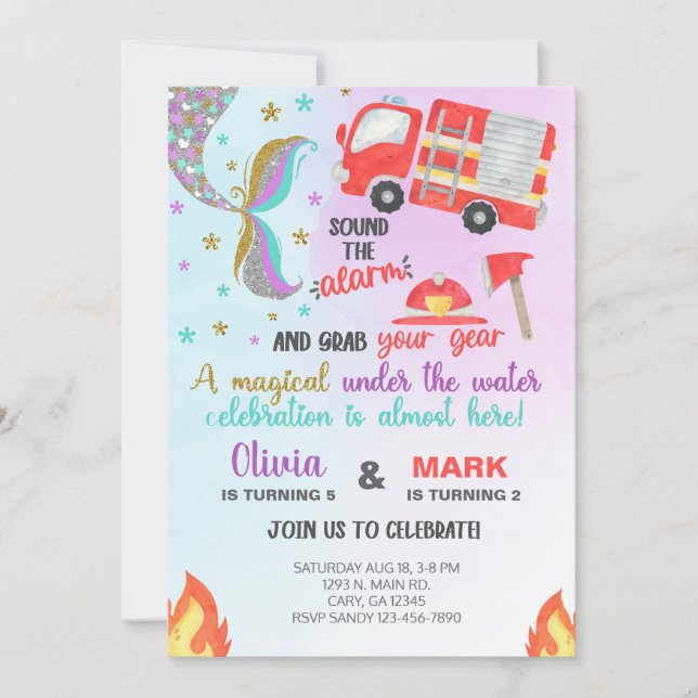 Geschwister und Feuerwehrwagen zum Geburtstag einl Einladung (Vorderseite)