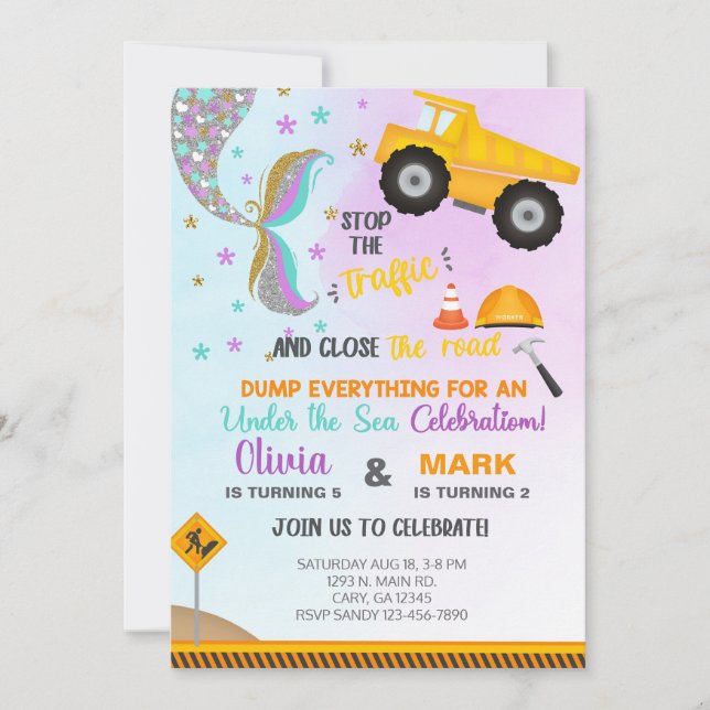Geschwister und LKW Geburtstag einladen. Einladung (Vorderseite)