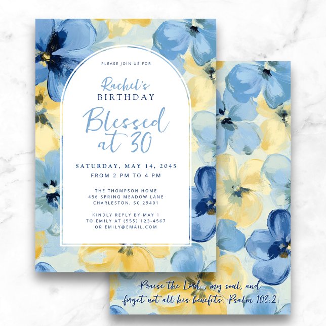 Gesegnet bei 30 Faith Birthday Milestone Floral Einladung (Elegant "Blessed at 30" faith birthday invite with blue and yellow florals)